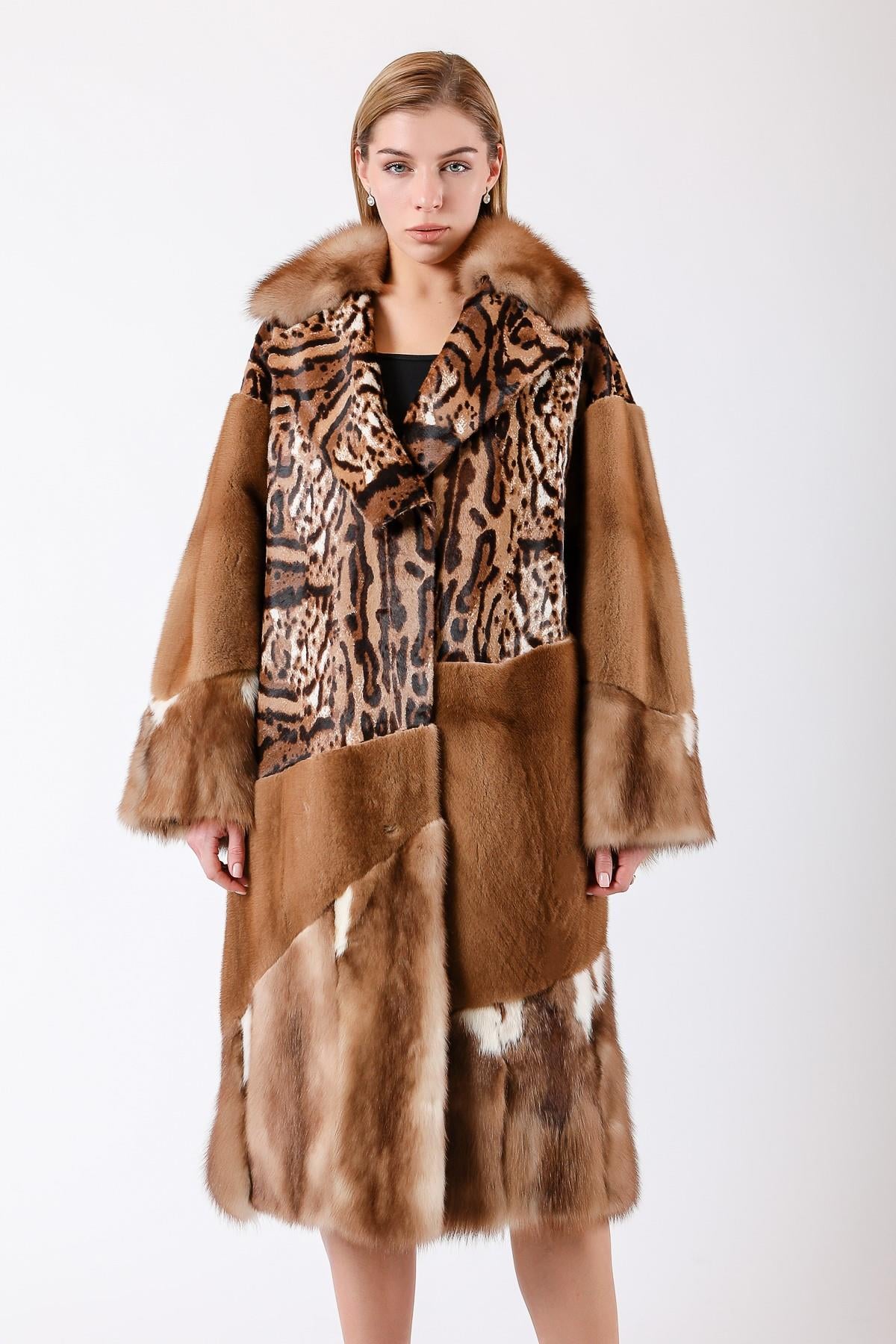 Naturel Kahve Fox Mink Garnili Leopar Desenli Hakiki Kürk KabanKaban