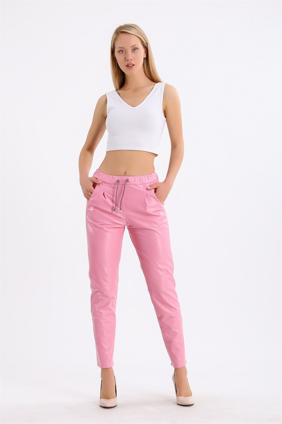 Pembe Comfort Fit Deri PantolonPantolon