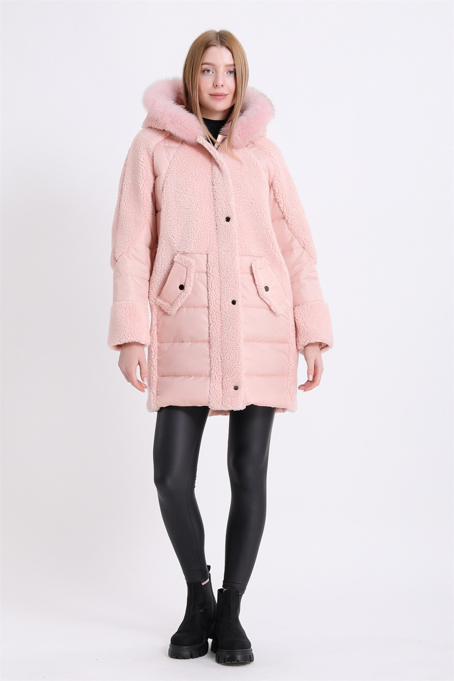 Pembe Tilki Aksesuarlı Puffer Kaban