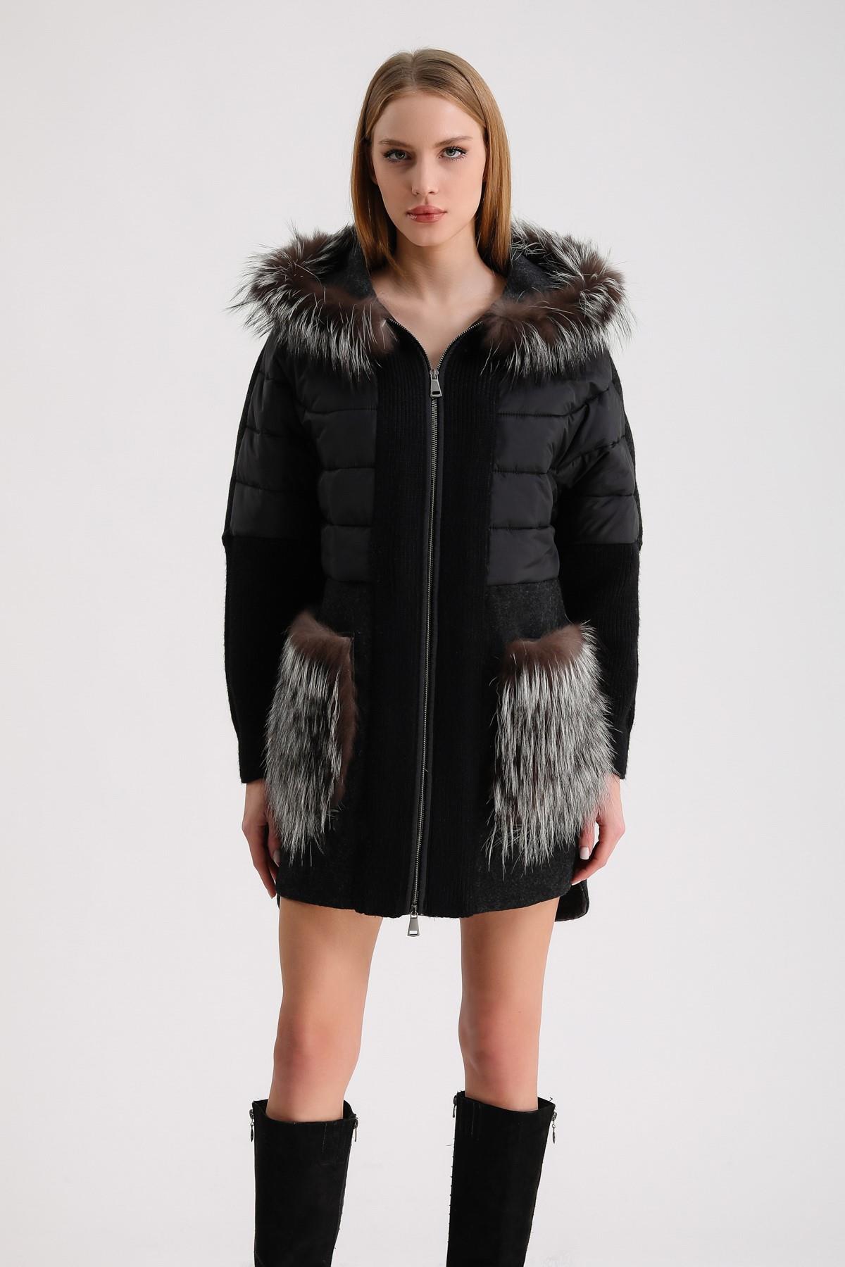 Siyah Arjante Fox Kürk Aksesuarlı Kaşmir Kaban, LC Leather Club