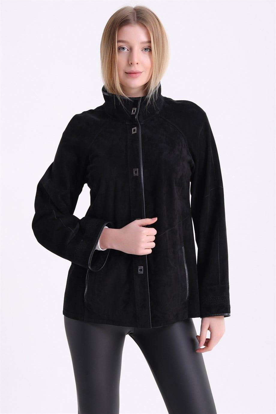سترة جلد شامواه سوداء بوجهين, LC Leather Club