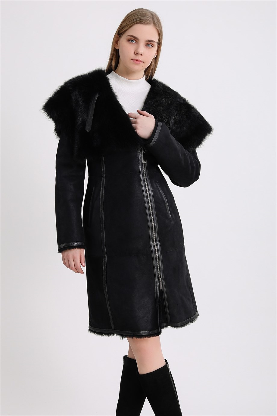 Чёрное пальто из тосканского меха с кожаной отделкой, LC Leather Club