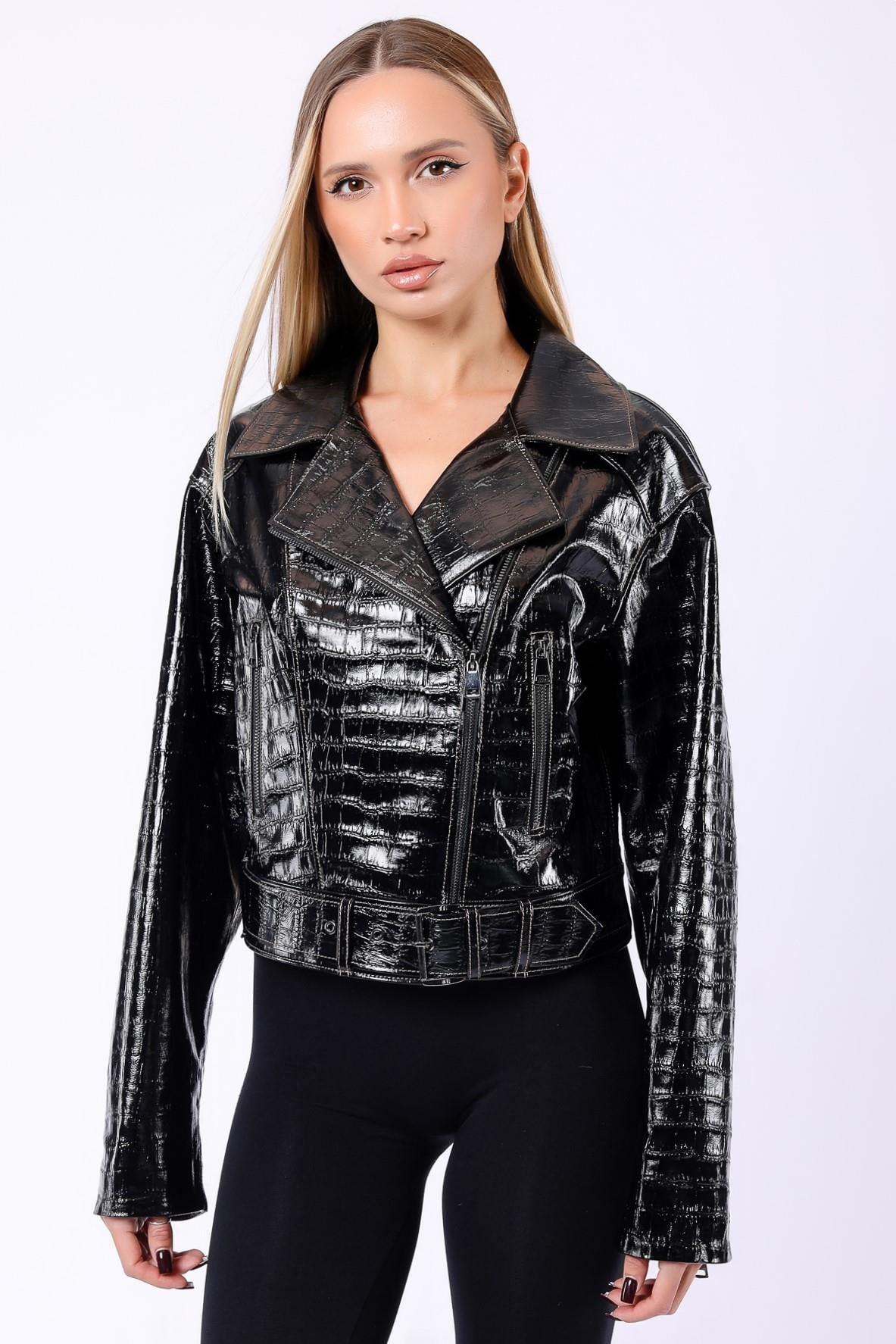 Siyah Glam Kroko Hakiki Deri CeketCeket