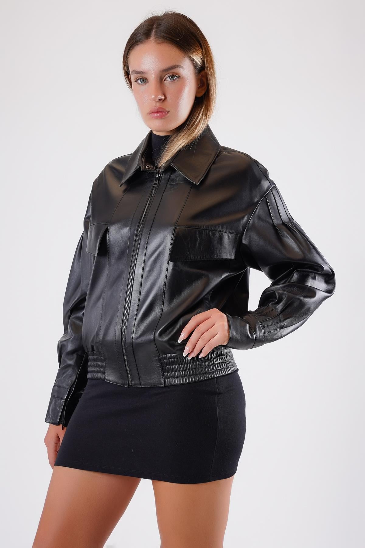 Siyah Oversize Hakiki Deri Bomber CeketCeket