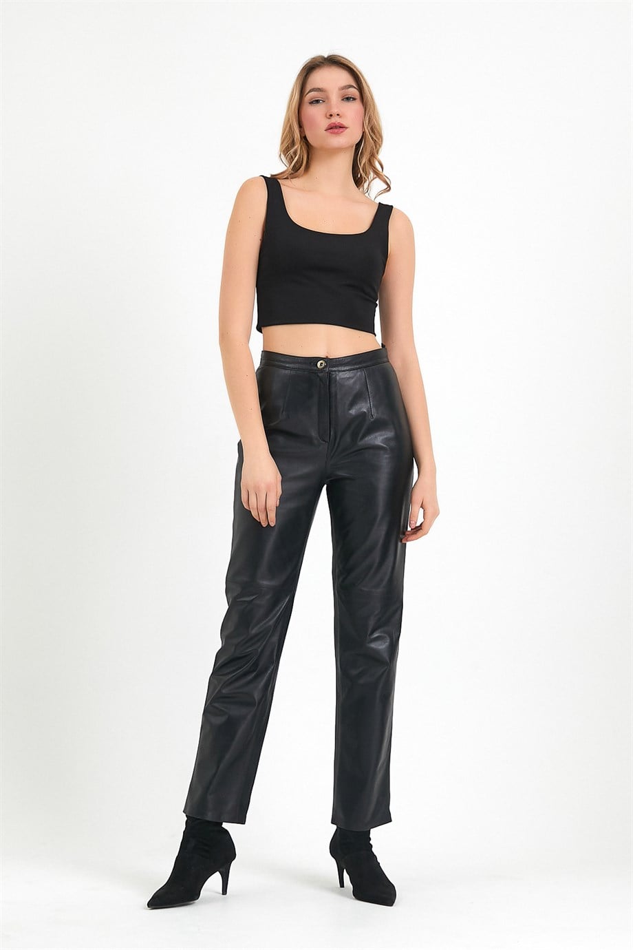 Siyah Regular Fit Deri PantolonPantolon