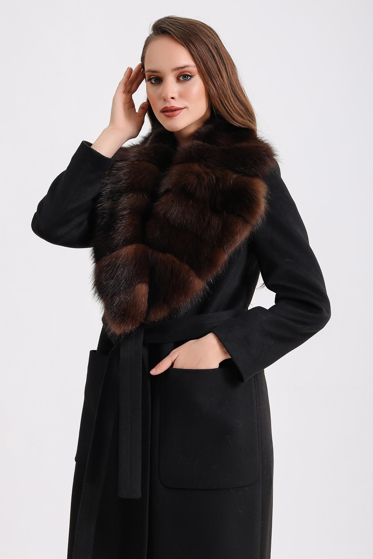 Black Cashmere Coat with Sable Fur Trim | LC Leather Club