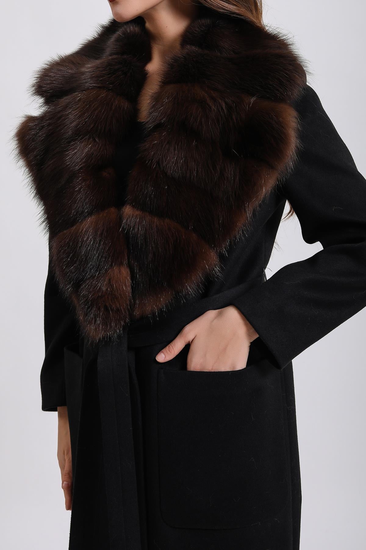 Black Cashmere Coat with Sable Fur Trim | LC Leather Club