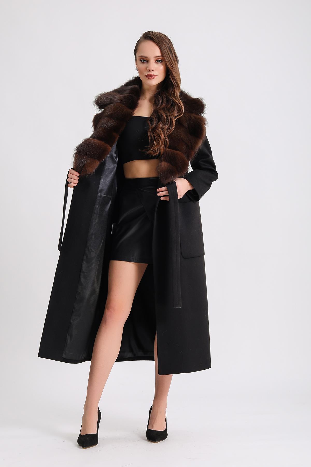 Black Cashmere Coat with Sable Fur Trim | LC Leather Club