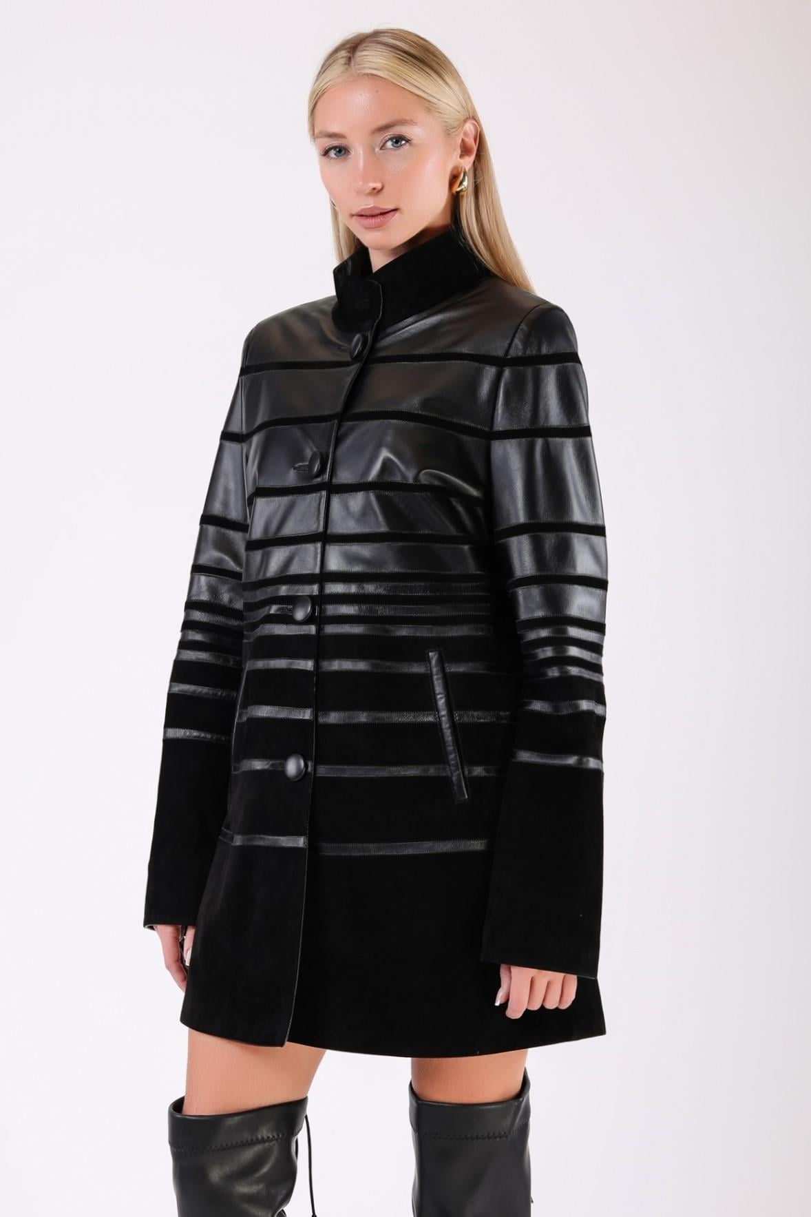 Чёрное кожаное пальто с лампасами, LC Leather Club