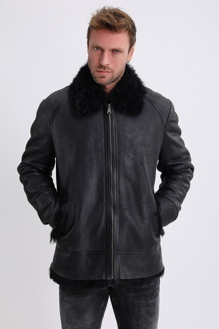 Чёрное кожаное пальто с подкладкой из меха Tigrado, LC Leather Club