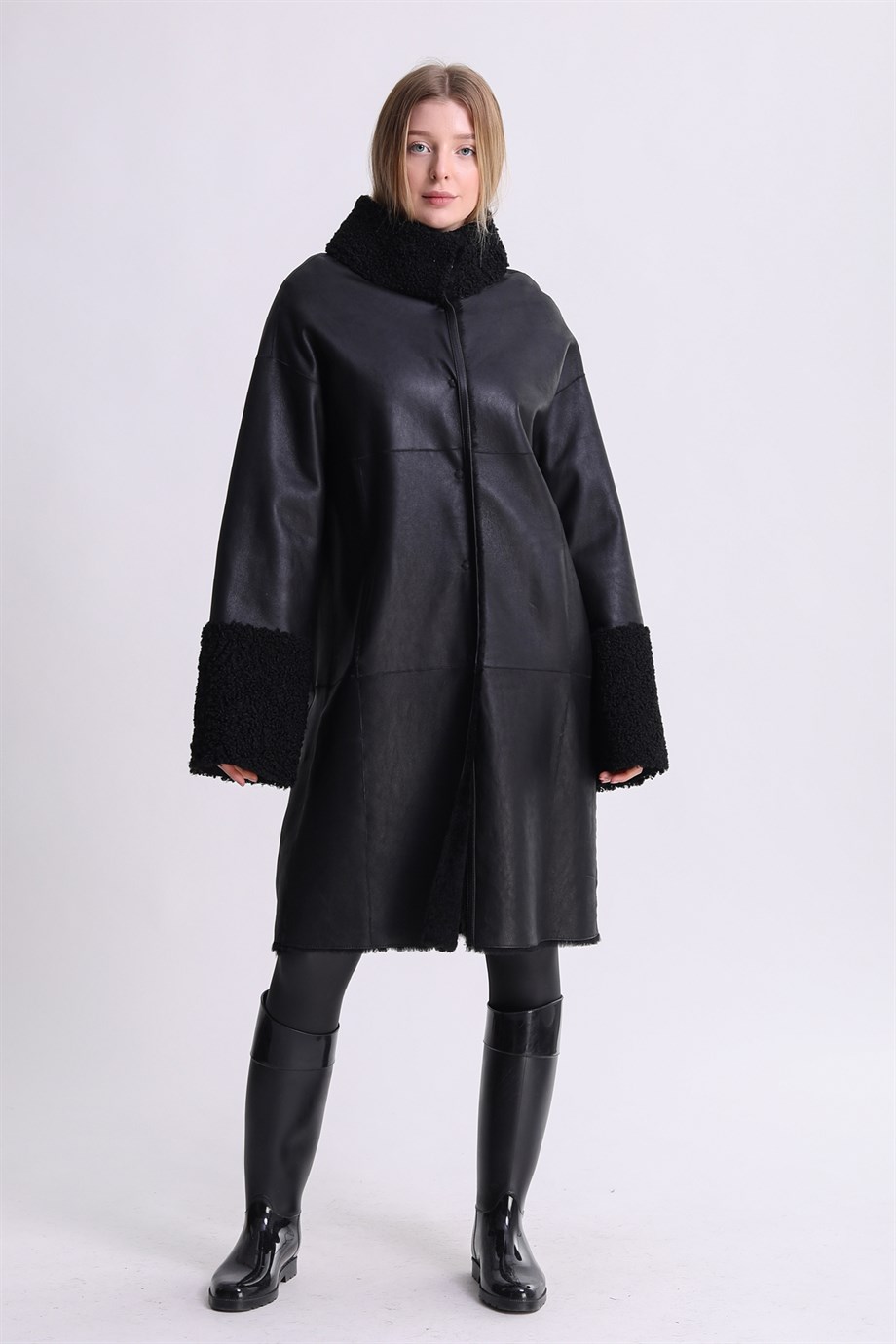 معطف من فرو الحمل تيغرادو أسود, LC Leather Club
