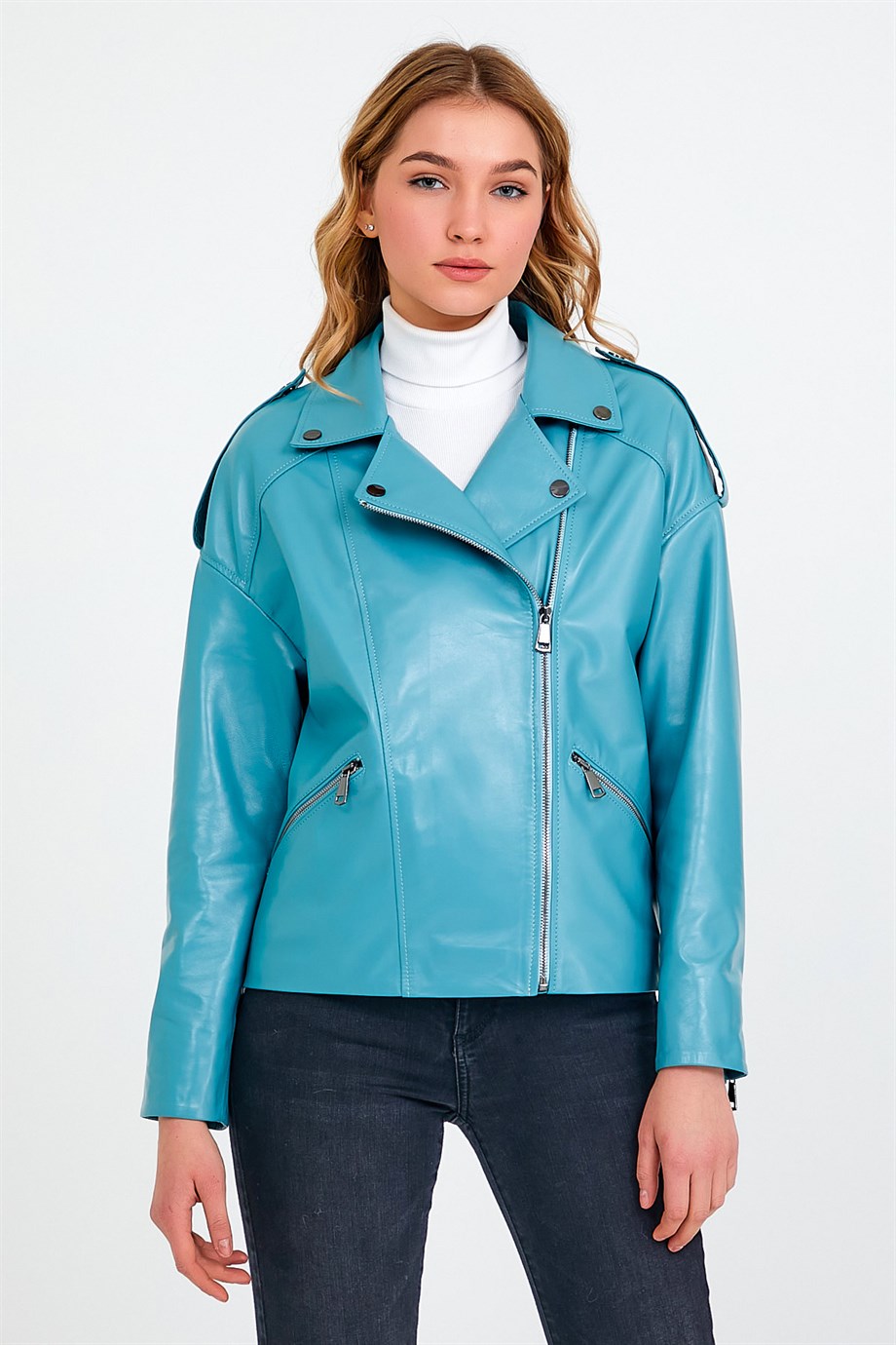 سترة جلدية فيروزية واسعة, LC Leather Club