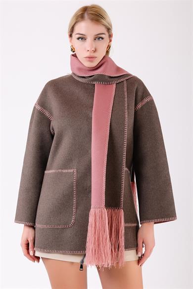 Dark Brown Alpaca Wool Coat with Shawl Detail