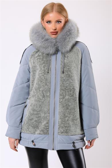 Light Blue Taylor Wool Puffer Coat with Fur Trim