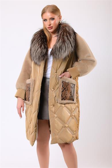 Beige Alexandra Wool Puffer Coat with Fur Trim