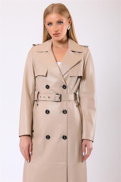 Bej Celine Hakiki Deri Trench Kaban