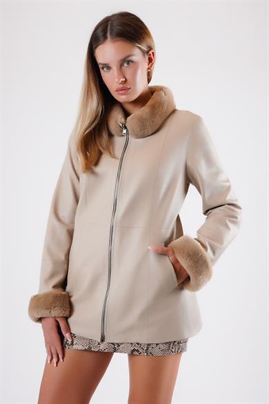 Beige Reversible Genuine Leather Jacket with Rex Fur Trim