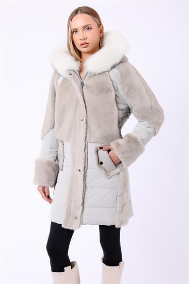 Beige Wool Puffer Coat with Fox Trim and Genuine Lambskin Detailing