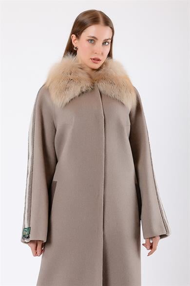 Beige Alpaca Wool Coat with Fox Fur Trim