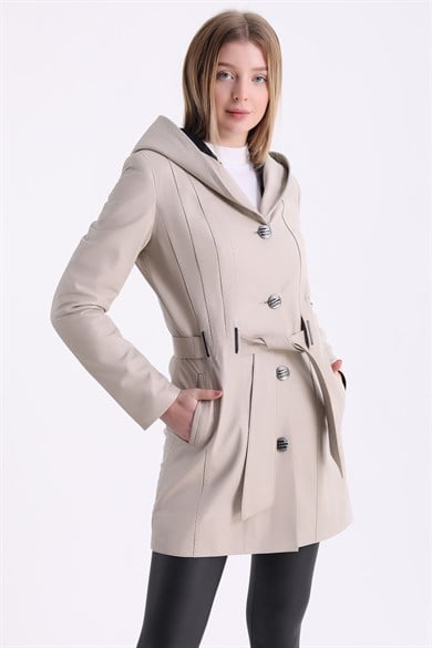 Beige Hooded Leather Coat
