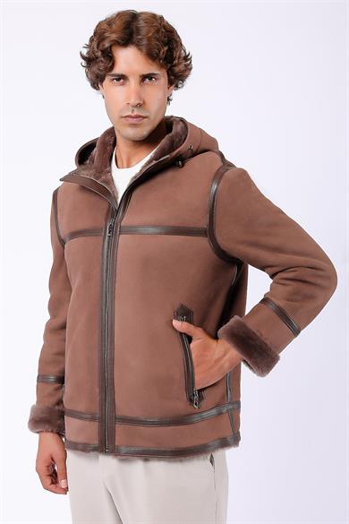 Beige Fur-Lined Genuine Suede Coat