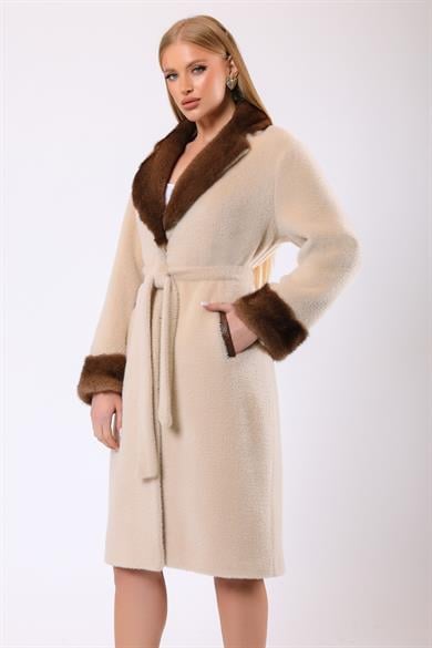 Beige Olivia Wool Coat with Fur Trim