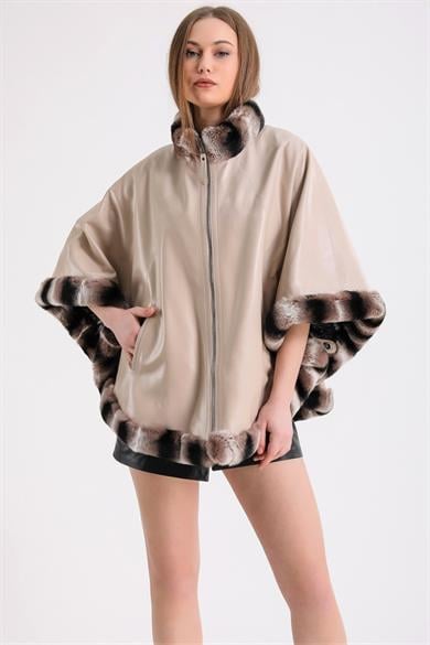 Beige Lambskin Poncho Coat with Rex Trim
