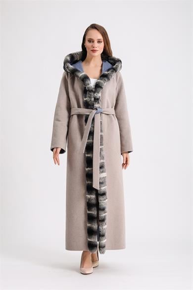 Beige Alpaca Coat with Rex Fur Trim