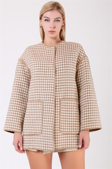 Beige Alpaca Wool Coat with Shawl Detail