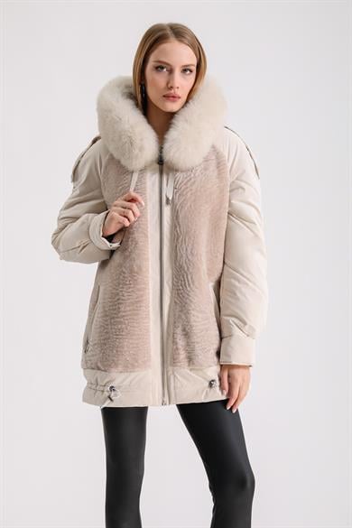 Beige Puffer Jacket with Astrakhan Fur Trim and Fox Accessory