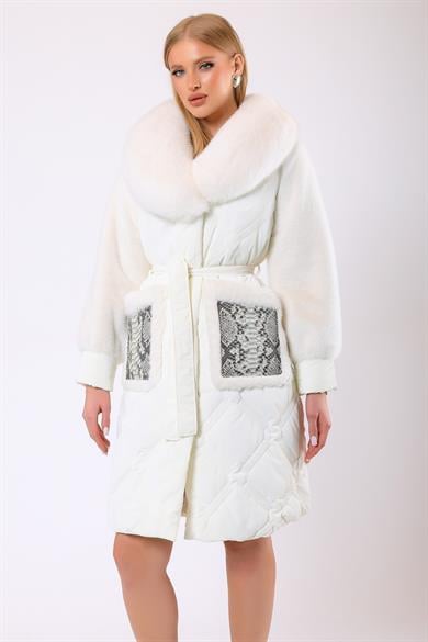 White Alexandra Wool Puffer Coat with Fur Trim