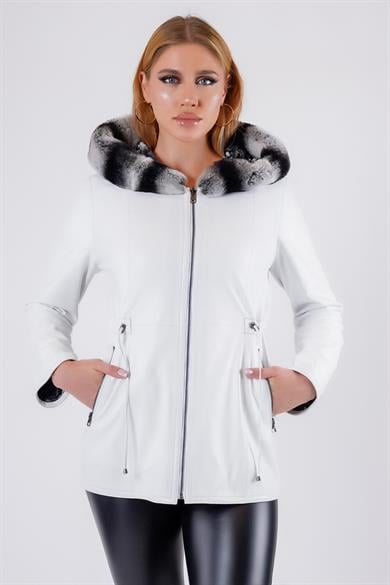 White Reversible Genuine Leather Jacket with Rex Fur Trim