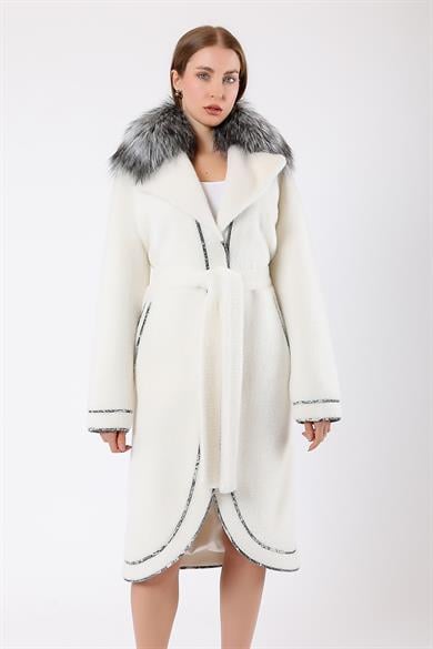 White Fox Fur Trimmed Leather Detailed Wool Coat