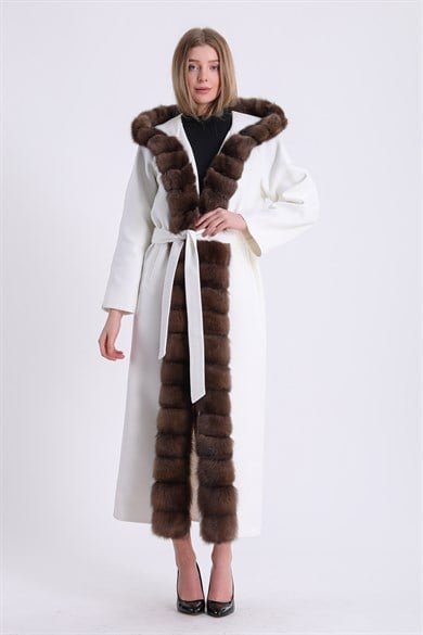 Hooded Alpaca Coat with White Sable Fur Trim