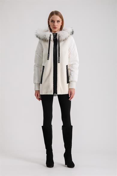 White Puffer Jacket with Leather Trim and Fox Fur Accessory