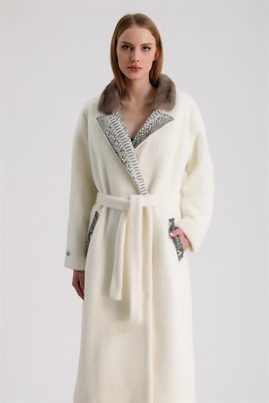 White Wool Coat with Mink Fur and Python Leather Trim