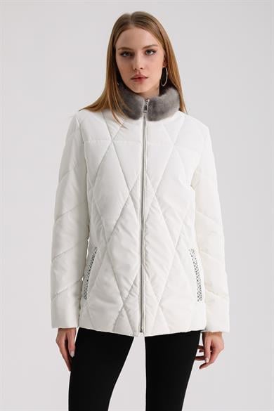White Puffer Jacket with Python Leather Trim and Mink Fur Accessory