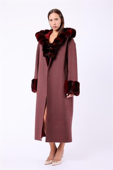 Burgundy Genuine Alpaca Wool Coat with Chinchilla Fur Trim