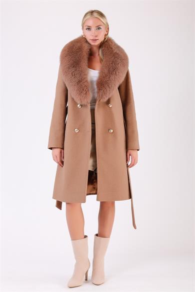 Camel Fox Fur Accented Cashmere Coat