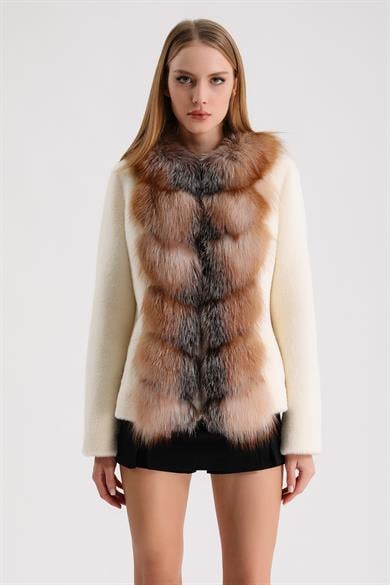 Ecru Wool Jacket with Gold Fox Fur Accessory
