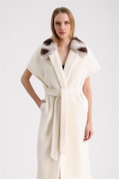 Ecru Wool Vest with Rex Fur Accessory