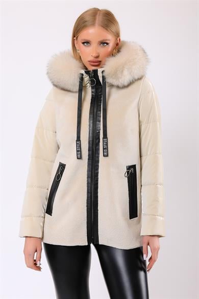 Ecru Selena Wool Puffer Coat with Fur Trim