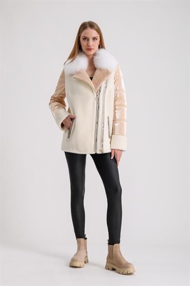 Ecru Wool Coat with Salmon Fox Fur and Python Leather Trim