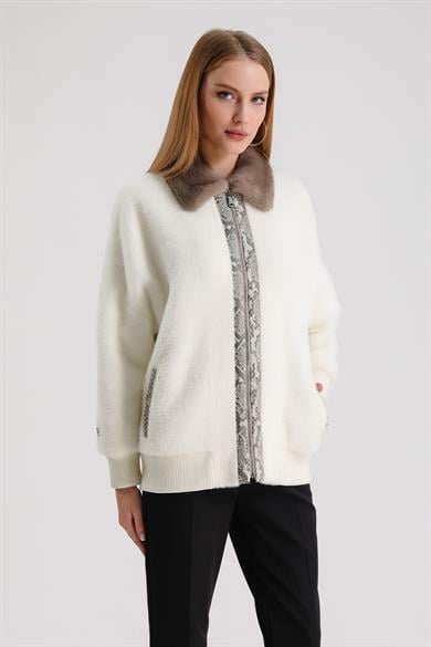 Ecru Wool Jacket with Mink Fur Trim and Python Leather Detailing