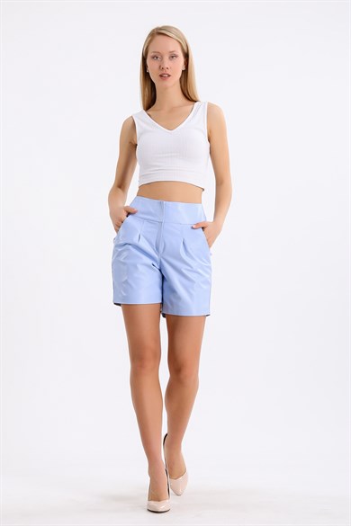 Sky Blue Regular Fit Leather Shorts