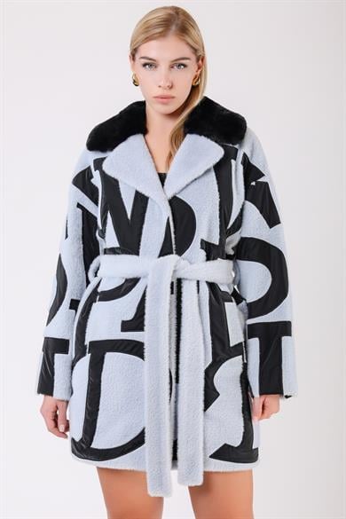 Sky Blue Lettering Print Wool Fur Coat