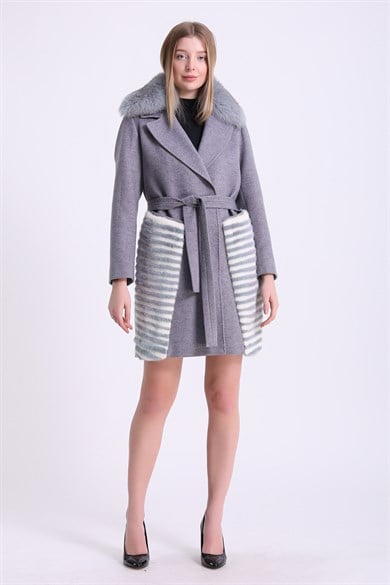 Grey Cashmere Coat with Fox and Mink Fur Trim
