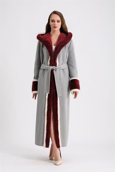 Grey Alpaca Coat with Astrakhan Fur Hood and Mink Fur Trim