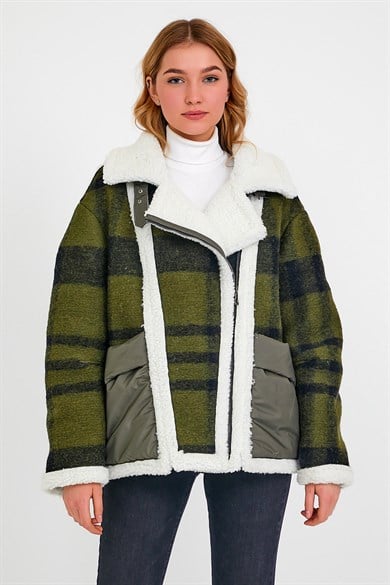 Khaki Checked Oversize Wool Coat
