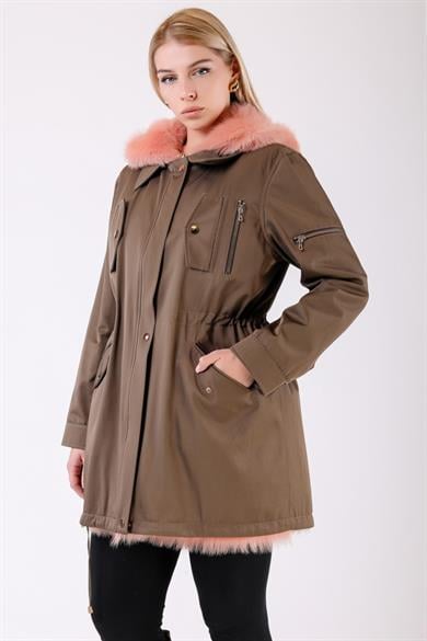 Khaki Fibre Trench Coat with Fur Trim